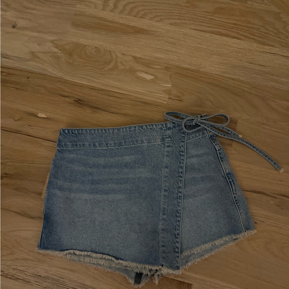 We The Free Blue Jean Shorts with Frayed Hem and Tie Waist
